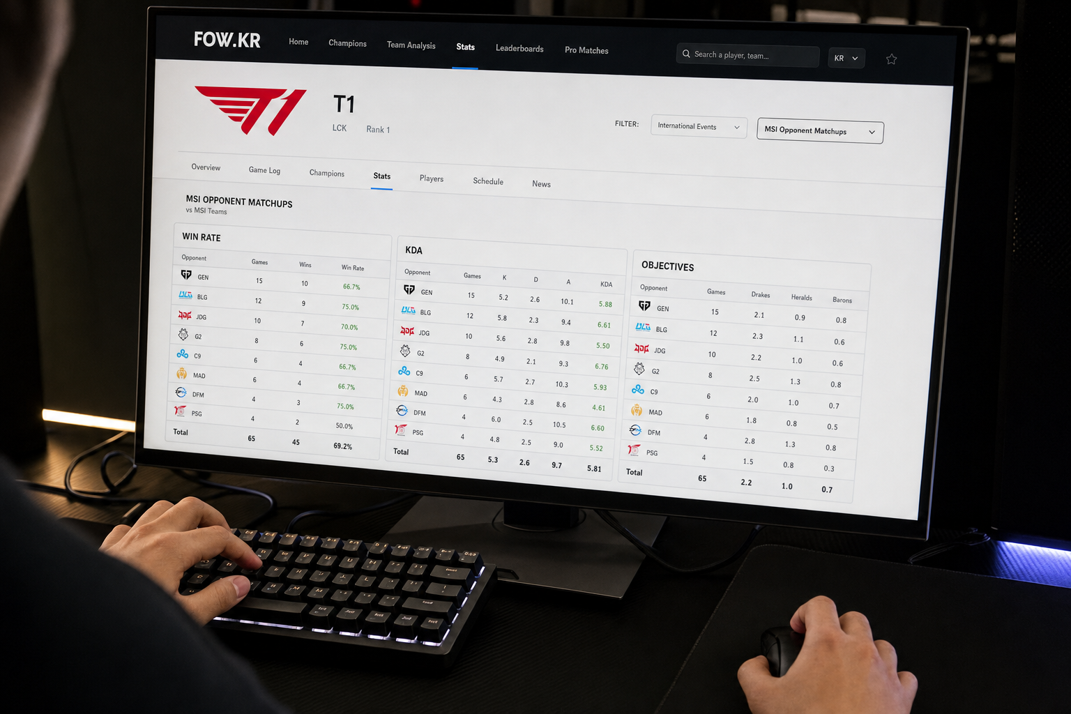 fow.kr T1 MSI 상대팀 전적 비교하는 방법